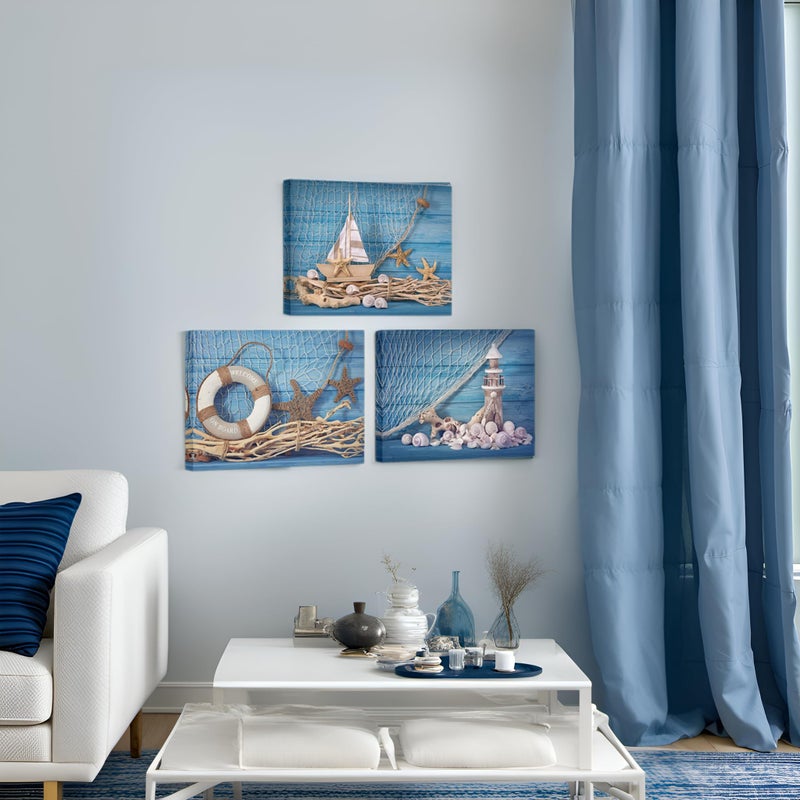 LevvArts 3 Piece Beach Canvas Wall Art Seashell Startfish with Blue Board Picture Prints Maritime Sailing Boat Lighthouse Poster Painting for Bathroom Gallery Canvas Wrapped Ready to Hang - Image 2